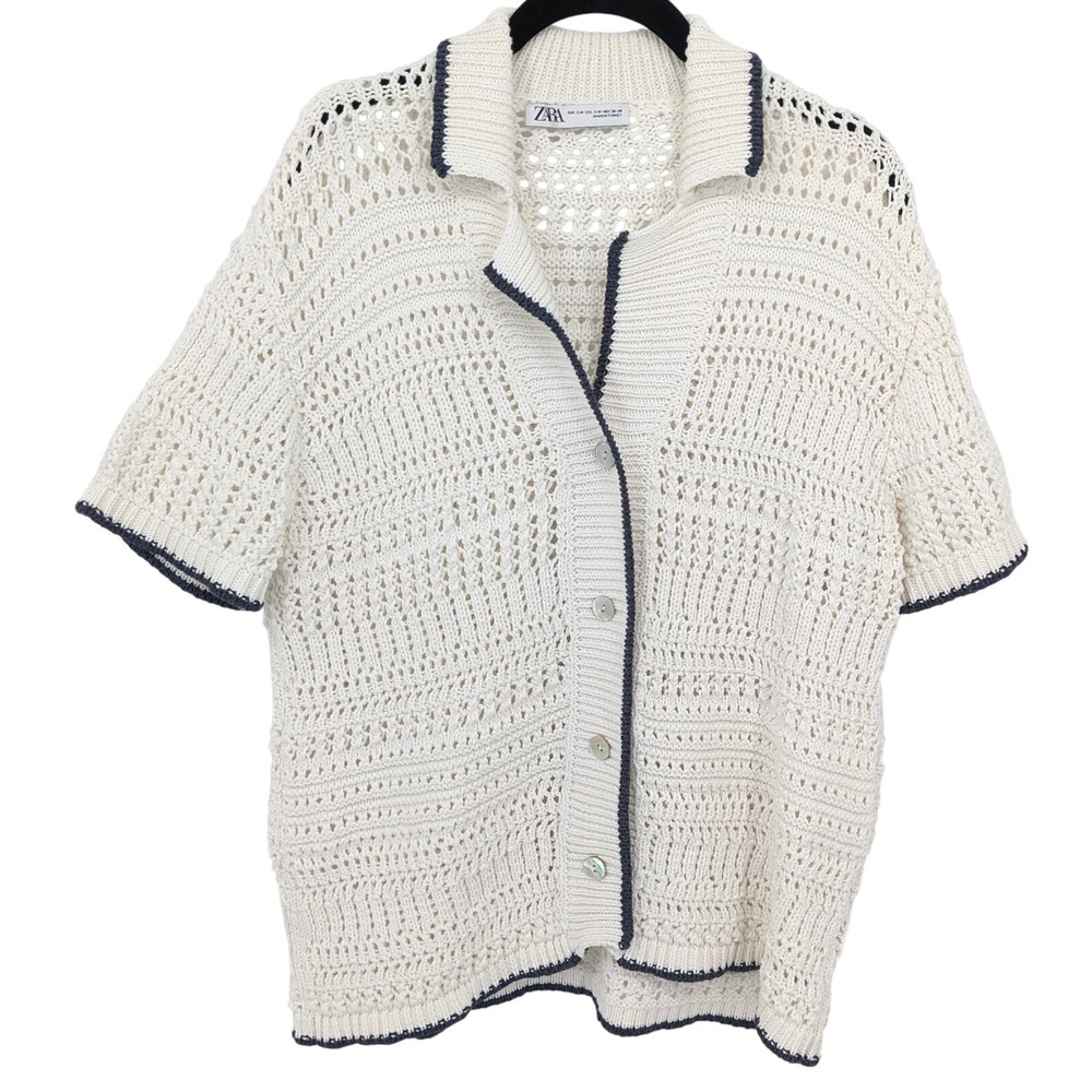 ZARA‎ Sweater Womens S M Cream Crochet Button Front Short Sleeve Cardigan Top